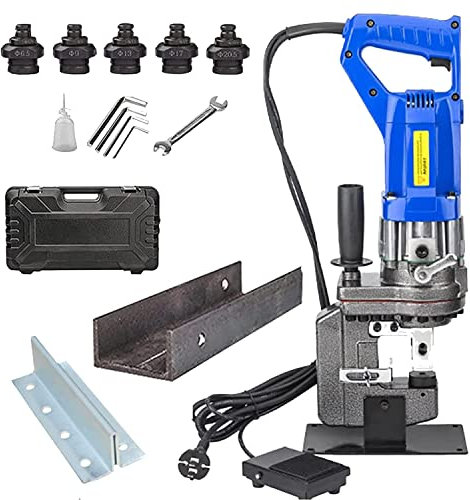 Punzonadora HidráUlica Perforadora hidráulica eléctrica de 1300 W, herramienta de perforación hidráulica eléctrica con juego de 5 matrices, perforadora de agujeros de 2 a 3 segundos, perfor