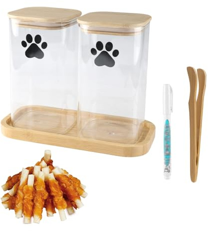 Ctomche 2 Pack Dog Treat Jar,Glass Pet Food Jar with Airtight Lid and Tray,Dog Treat Storage 1200ML,Cat Puppy Biscuit Chew Stick Organiser For Kitchen Countertop