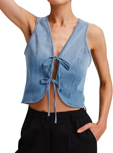 POLIRO Womens Denim Vest Crop Sleeveless V Neck Denim Top Retro Tie Up Front Jean Vest