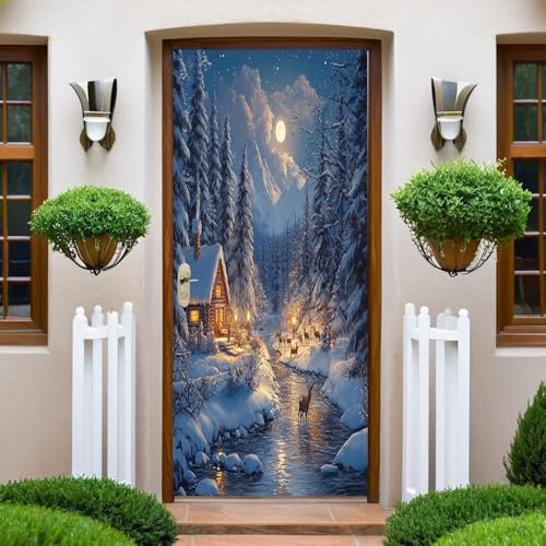 Türtapete Türaufkleber Winterlandschaft Hirsch Türfolie Selbstklebend 95x215cm Tür Verschönern mit Türfolie, Entfernbar Aufkleber Wasserdichte Tapete PVC Türaufkleber
