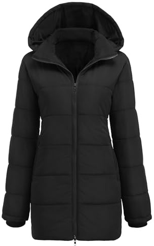 Hotouch - Abrigo de invierno largo para mujer, con capucha, acolchado, Slim Fit, chaqueta de invierno casual, resistente al viento, S-XXL, Negro , M