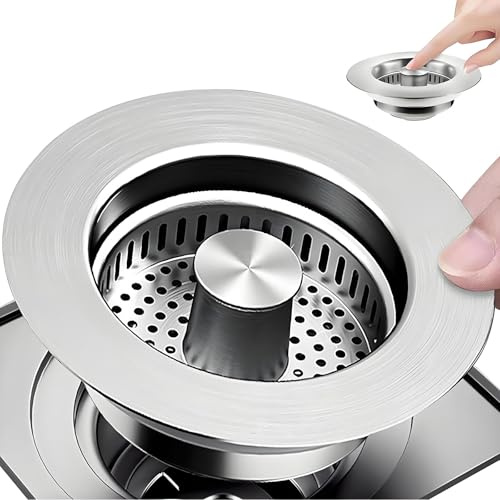Universal Abflusssieb Küchenspüle und Waschbeckenstöpsel, 3 in 1 Pop-Up Edelstahl Abflussstopfen mit Anti-Verstopfungs-Korb, Abfluss waschbecken Stöpsel für Spülbecken Bohrung 75-86 mm, Tiefe > 40 mm
