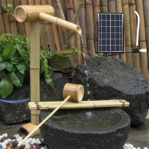 Utomhus solfontän med bambudesign, inkluderar pump, solpanel, vattenfilter och rör för Zen trädgårdsdekor
