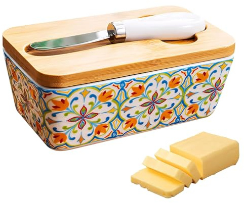 Qkbuza Caja de Mantequilla - Mantequillero De Cerámica Para Encimera Con Tapa Y Cortador,Organizador de Cocina Decorativo para Encimera Mesa Comedor Regalo Casa Nuevas Fiestas
