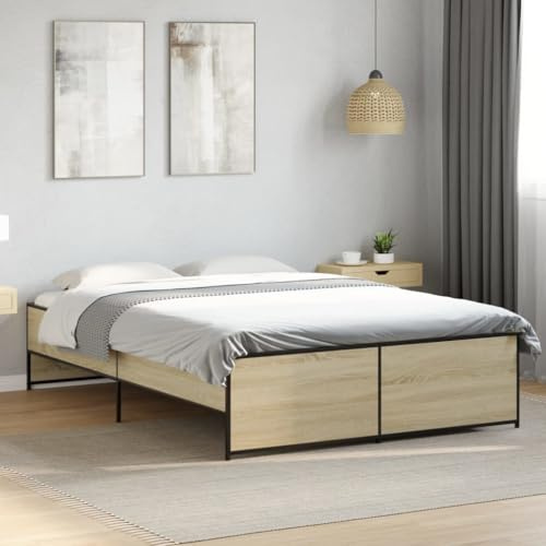 QJBSAVVA Bettgestell 120x200 Sonoma Eiche Holz Optik mit Metallfüßen Modernes Jugendbett für Schlafzimmer Gästezimmer 203 x 123 x 40,5 cm Langlebig & Stabil