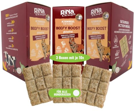 Funktionaler Hundesnack Fleisch hochwertig Riegelbox 3 Packungen á 10x Beefy Boost - Glutenfrei & ohne Zusätze - Mit Rindfleisch, Karotte, Pansen & Banane - Soft, leicht portionierbar von RiNa