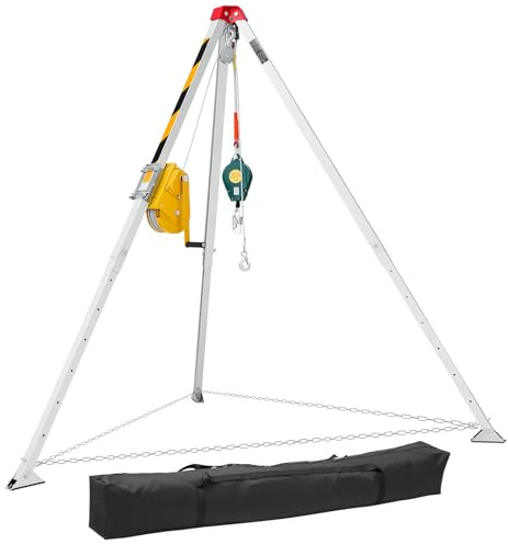 VEVOR Confined Space Tripod Kit, Heavy Duty Rescue Tripod Lifting Hoist 2600 lbs Winch, 4.76 ft Adjustable Legs, 98.5 ft Cable Portable Kit, 32.8 ft Fall Protection, 5.25-8.04 ft Working Height