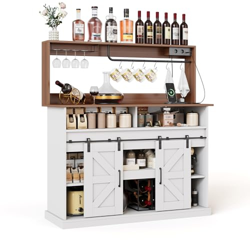 Azkoeesy Credenza multifunzionale, buffet, 120x40x130 cm, per sala da pranzo e cucina, con presa elettrica, 2 ante scorrevoli, portabicchieri, ampio spazio di archiviazione, colore bianco e noce