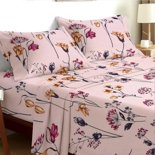 EverSoft Bedding Double 4-Piece Bedding Set Luxury Soft Touch Floral Print Flower Design Sheets 35cm Extra Deep Fit Includes Flat Sheet & 2 Pillowcases Breathable Comfort Spring Meadow