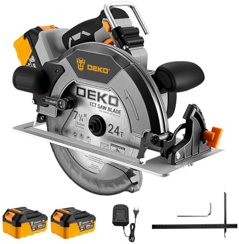 DEKOPRO Sierra Circular sin Escobillas de 20V, 4500 RPM, Hoja de Sierra 185mm(24T), Profundidad Máxima de Corte 63mm (90°), 41mm (45°), Apta para Cortar Madera (2 Baterías de 4,0Ah incluidos)