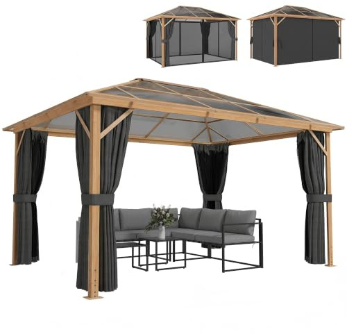 Outsunny Gartenpavillon ca. 4x3m Aluminium Pavillon mit Polycarbonat-Dach 6 mm Holzoptik Moskitonetz 4 Seitenteile, Stabil Winterfest Outdoor Pergola mit Hardtop Haken Naturholz