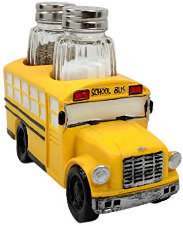 Atlantic Collectibles North American Yellow School Bus Decorative Glass Salt Pepper Shakers Holder Resin Figurine 6L