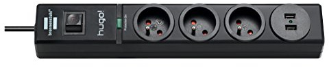 Brennenstuhl Multiprise Hugo! en Noir, 3 Prises de Courant et 2 Ports USB, parasurtenseur (19500A), voyants de Mise en Service, Interrupteur, œillets de Fixation, 2m de câble H05VV-F