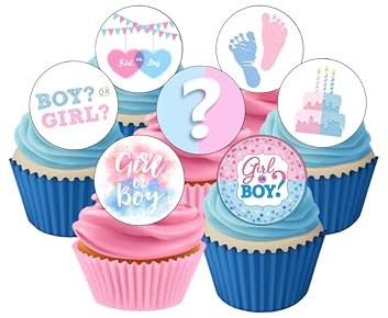 24 Precut 40mm Round Gender Reveal Boy or Girl Pink and Blue Theme Edible Wafer Paper Cake Toppers