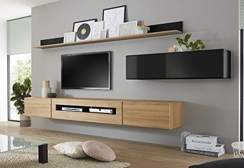 Beauty.Scouts Wohnkombination Ruby IV schwarz/Grandson Oak hell Dekor 340(280) x190x38-48cm Wohnzimmermöbel Anbauwand TV-Wand TV-Element Wohnzimmerschrank Stauraum