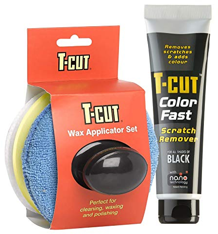 T-Cut Colour Fast Black Car Wax Polish Scratch Remover Colour Enhancer, 150 g plus a Wax Applicator Set with Handle