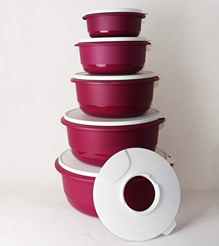 TUPPERWARE Peng Schüssel 9,5L + 6,0L + 3,5L + 2,0L + 1,0L + Spritzschutzdeckel in Brombeere Weiß Rührschüssel, Servierschüssel + Teetasse