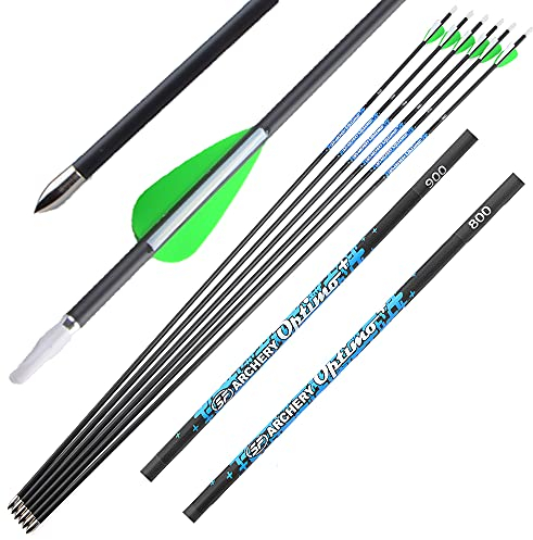 SHARROW 100% Carbon Pfeile 32 Zoll Pfeile für Bogenschießen Spine 800-900 Reinem Kohlenstoffpfeile Jagdpfeile mit 2 Plastikfedern für Pfeil Und Bogen Recurvebogen Compoundbogen (800, 6P)