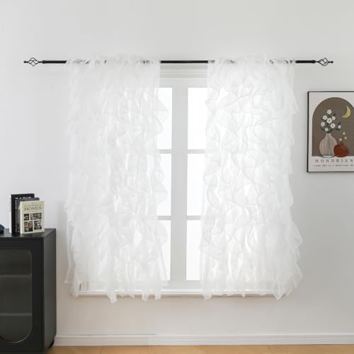 Seibeh Tex Cascade Shabby Chic Sheer Voile, vertikal gerüscht, Wasserfall-Vorhangpaneel, 2 Paneele (Weiß, 127 cm x 160 cm)