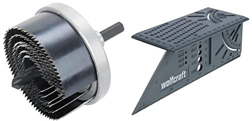 wolfcraft Scie Cloche Multi-lames - Scie Cloche 6 Lames - Profondeur de Coupe 23 mm - ø 25, 32, 40, 45, 54, 65 mm queue 6 pans 8 mm & Équerre 3D d'onglet 150 x 275 x 66 mm - Traçage angle de 45° à 90°