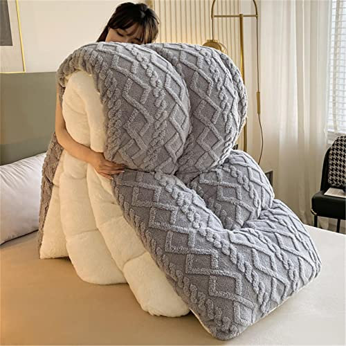 FFFF & OLFEH Bettdecke, Dicker Lamm-Kaschmir, Decke, Flauschige Kaschmir-Steppdecken, Winterwarm,Warmer Kaschmir-Quiltkern, Super Weiche Bettwolle-Wollfleece-Decke (Grau,180×220CM-3.5kg)