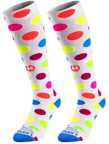 Eleven Sportswear Unisex lange Kompressionssocken, Sportsocken für verbesserte Blutzirkulation, Ausdauertraining und Wettkampf (as3, alpha, s, regular, regular, Punkte Weiß)