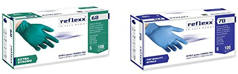 REFLEXX R68, Guanti in Nitrile senza Polvere Gr. 6, 100 Pezzi, Verde & R70 / XL Guanti senza nitrili in polvere, X-Large, azzurro, confezione da 100