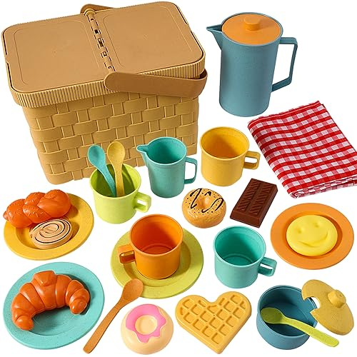 HERSITY Picknickkorb Kinder Teeservice Spielküche, Picknick Kinder Set mit Decke, Tee Set mit Dessert Spielzeug Outdoor, Geschenk für Jungen Mädchen 3 4 5 Jahre