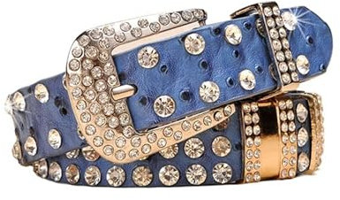 JIARY Diamant Persönlichkeit Breiter GürtelStrass Nietengürtel für Frauen, Western Ledergürtel für Cowgirl Cowboy Vintage Gürtel für Hosen Kleid,Blau,105CM/41.3''