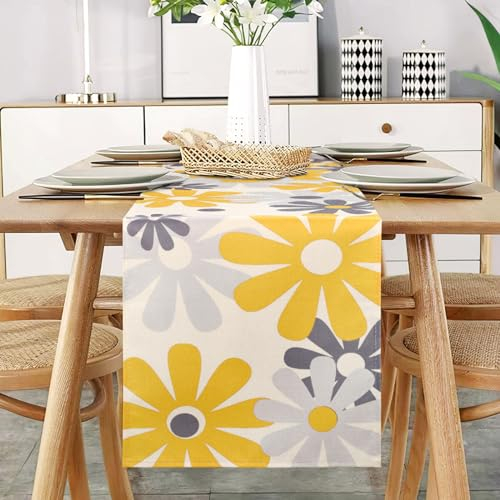 Gelb Grau Tischläufer Blumen Modern Tischläufer Tischdecke Restaurant Dekoration Leinen Faltenfrei Rutschfest Tischband Deko Tischwäsche Esstisch Party Hochzeit Platzsets Abwaschbar 33x183 CM