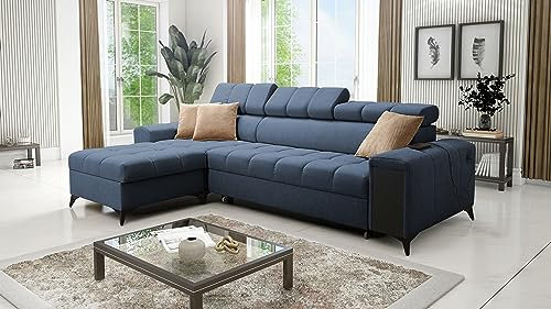 All4All Ecksofa mit Schlaffunktion Gonti I Mini 265x169 cm - Schlafsofa mit Bettkasten - Sofa in L-Form - Wohnlandschaft Klein - Eckcouch - Seite Links - Blau - Gewebe 26