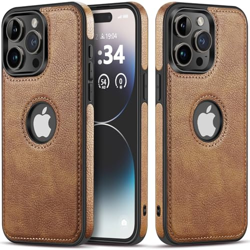 Hulveze Custodia Compatibile con iPhone 15 Pro, Custodia Business in Pelle PU di Lusso con Ritaglio del Logo, Sottile Cover Antiurto Morbida Lmpugnatura Antiscivolo per iPhone 15 Pro(Marrone)