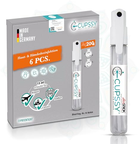 Cupssy® AirStick | Desinfektionsmittel I Reise Desinfektionsmittel für Hände, Desinfektionsmittel haut | kein Auslaufen | Händedesinfektion bekämpft Bakterien 99,9% I Nachfüllbar & Schonend 6x15ml