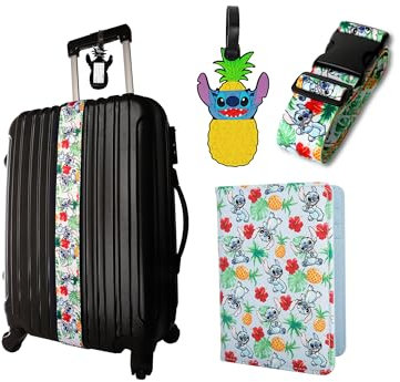Stitch Travel 3-teiliges Set mit Reisepasshülle, Taschenanhänger und Gepäckgurt, Disney Reisezubehör, offizielle Lizenz