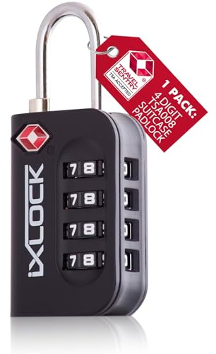 iXLOCK Cadenas Valise Avion, Cadenas TSA Code 4 Chiffres Noir 1 Pièce | Cadenas TSA valise avion pour bagages, casiers, sacs à dos, camping, serrure valise à combinaison pour voyages avion et USA