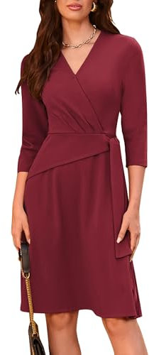 Damen A-Linien-Kleid V-Ausschnitt 3/4-Ärmel Reißverschluss Hinten Bindegürtel in Der Taille Weinrot M