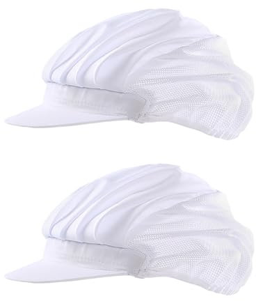 JIHUOO 2 Stück Mesh-Kochkappen, Unisex, Küchen-Haarabdeckungen, atmungsaktiv, Kochmütze, Restaurant, Kochmütze, Uniform, Bäckerhüte, Stoff, Gastronomie, Haarnetze mit Krempe, weiß