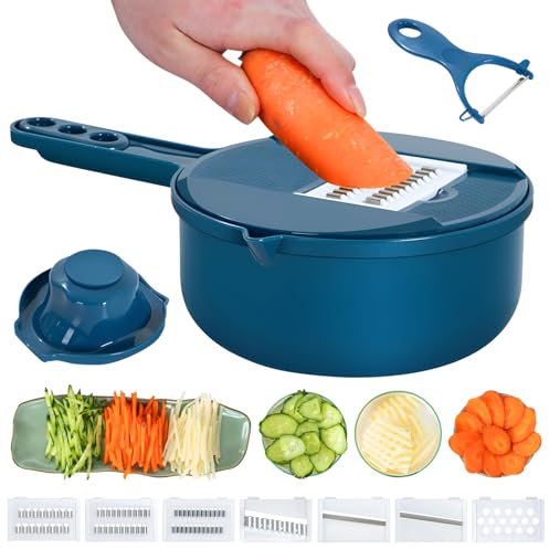 Set di utensili per grattugiare verdure e formaggio, multifunzione, con cestello di scarico, affettaverdure, affettatrice a mandolina, tritatutto, gadget da cucina, pelapatate e trituratore (blu, 9 in