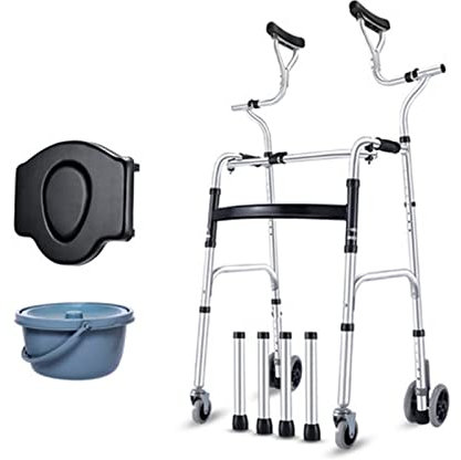 Faltbarer Stand-Up-Gehhilfe mit Armlehnenpolster, höhenverstellbarer Gehhilfe mit Toilettenfass und mit Achselunterstützung, Rehabilitationshilfsgehhilfe aus Aluminiumlegierung