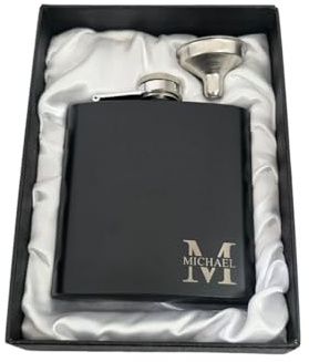 Customised Hip Flask with Your Name and Initial + Gift Box, Engraved Stainless Steel 6oz Flask and Satin Lined Box.