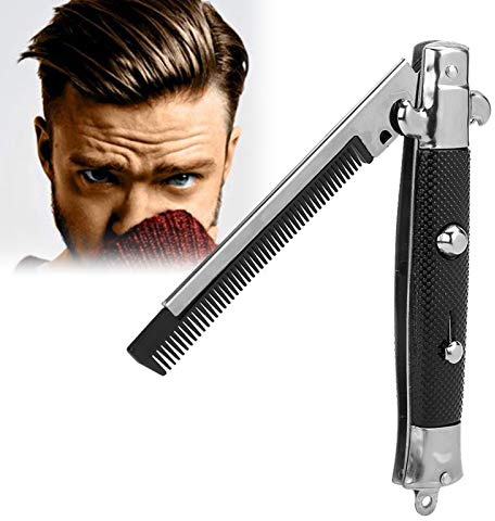 Switchblade fickkam, fjäderknivkam, stilett fickor olja hårkam fällkniv automatisk borstkammar med tryckknapp för män hår skägg mustasch styling