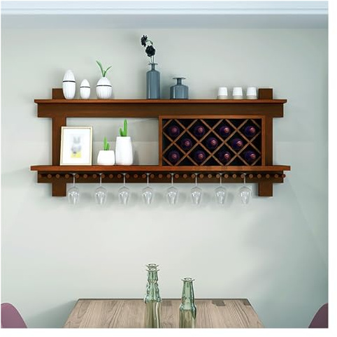 Estante de vino de nogal montado en la pared con soporte para copas de vidrio, estante de almacenamiento moderno de botellas de hierro para botellas de licor y estante de exhibición de madera de