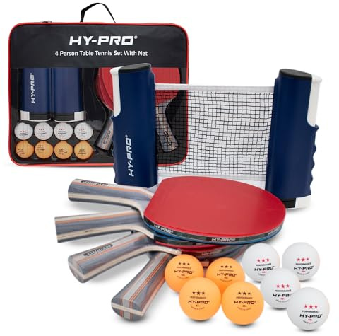 Hy-Pro Table Tennis Set – 4 Person Portable Ping Pong Set with Retractable Table Tennis Net, 4 Bats, 6 Balls & Carry Case, Quick Setup, Up to 170 cm Extendable Net, Indoor & Outdoor, Travel Ready