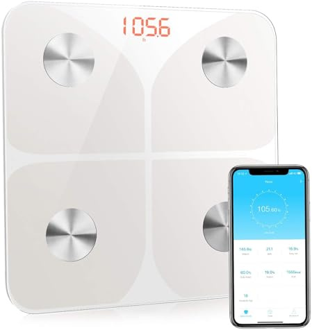 Báscula de grasa corporal, báscula digital 2025 con aplicación 180 kg /400 libras, báscula de personas Bluetooth para grasa corporal, IMC, peso, agua y masa muscular, color blanco