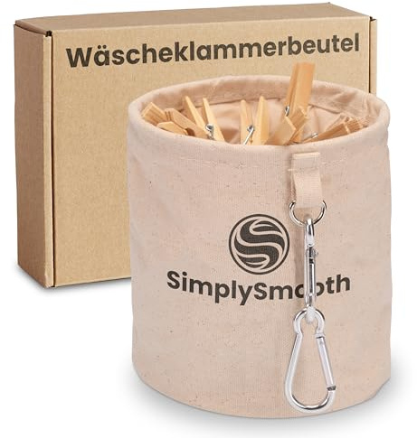 SimplySmooth Tvättklämmapåse XL för upp till 200 tvättklämmor – klämpåse av 100 % bomull med extra stora karbinhakar för upphängning – tvättklämmakorg med stängning