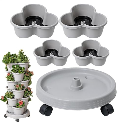 Maceta de Fresas – Maceta apilable de 4 Niveles para jardinería Vertical, de jardinería Interior con Bandeja y Ruedas Flexibles para Flores, Verduras