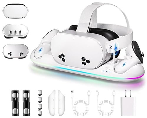 Estación de carga para Meta Quest 3/3S/2, estación VR magnética con carga rápida, 2 baterías recargables, tipo C, iluminación RGB, accesorios para auriculares y controlador Oculus Q-uest