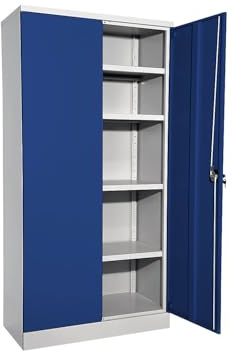 eurokraft Basic | Stahlschrank Nilas | Mit 4 Fachböden, HxBxT 1950 x 915 x 421 mm, lichtgrau / enzianblau