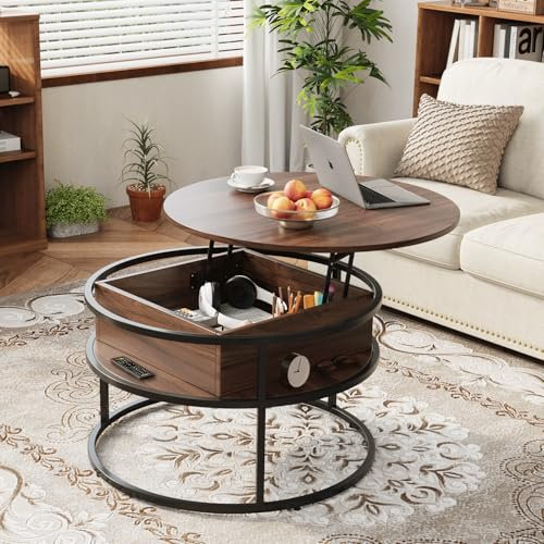 VOWNER Couchtisch Höhenverstellbar, Wohnzimmertisch Rund, Couchtisch mit Stauraum, Beistelltisch, 80x80x62cm, mit Verstecktem Ablagefach, Walnussfarbe mit Holzmaserung