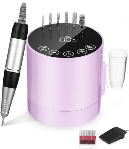 Torno para Uñas 35000 RPM, Lima de Uñas Profesionales, Set de Manicura y Pedicura con Pedal y 6 Brocas, Torno Uñas, Lima Electrica Uñas, Violeta.